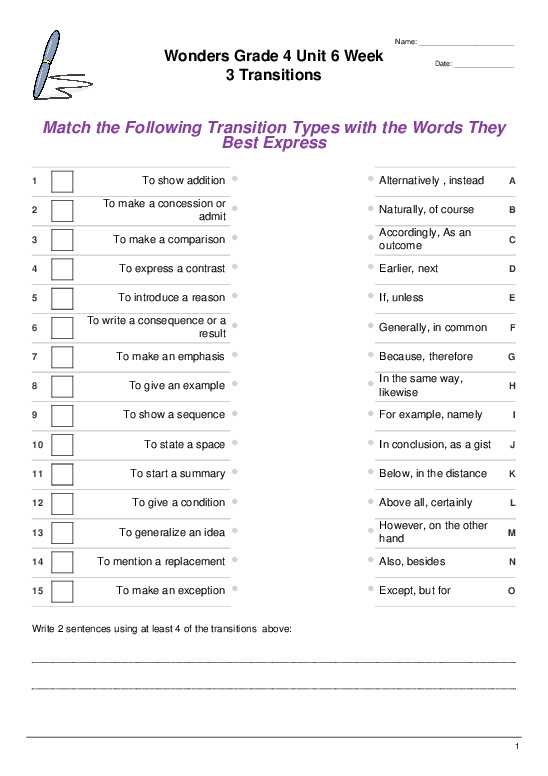 transitional phrases worksheet