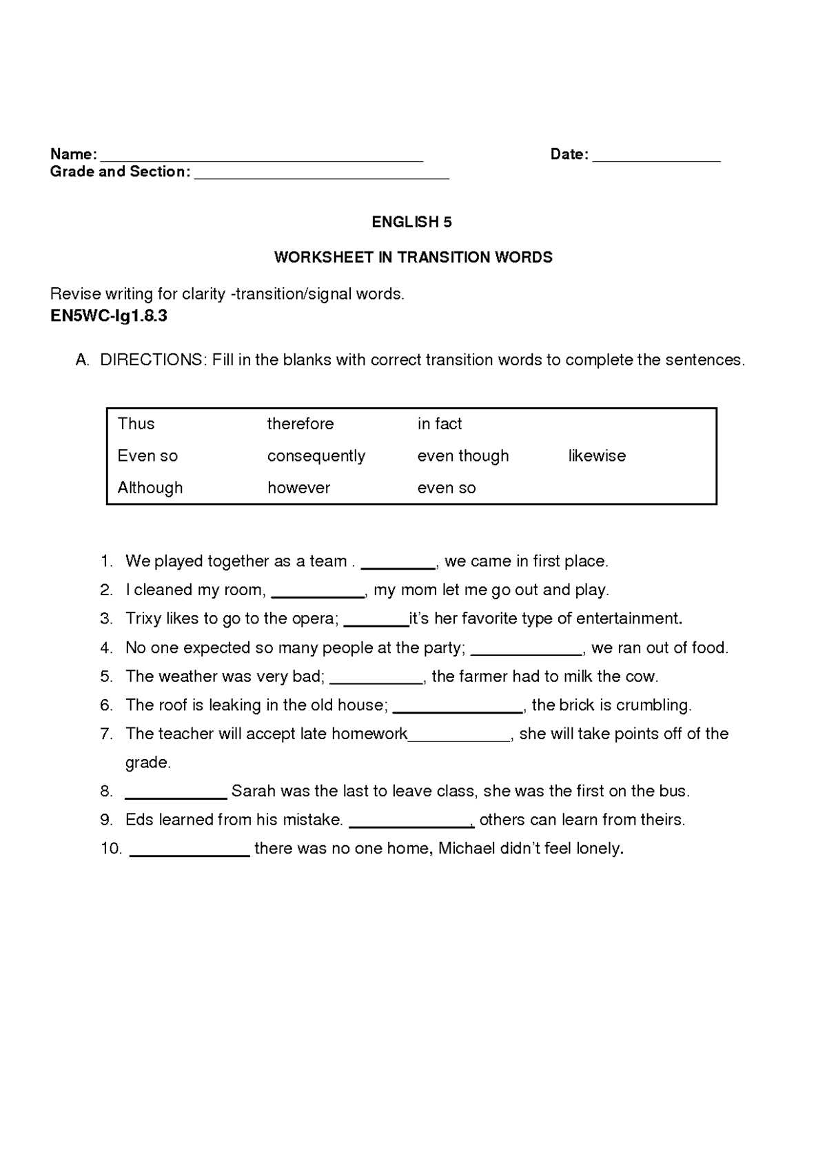 transitional phrases worksheet