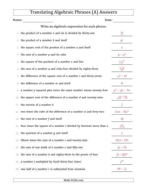 translating algebraic expressions worksheet