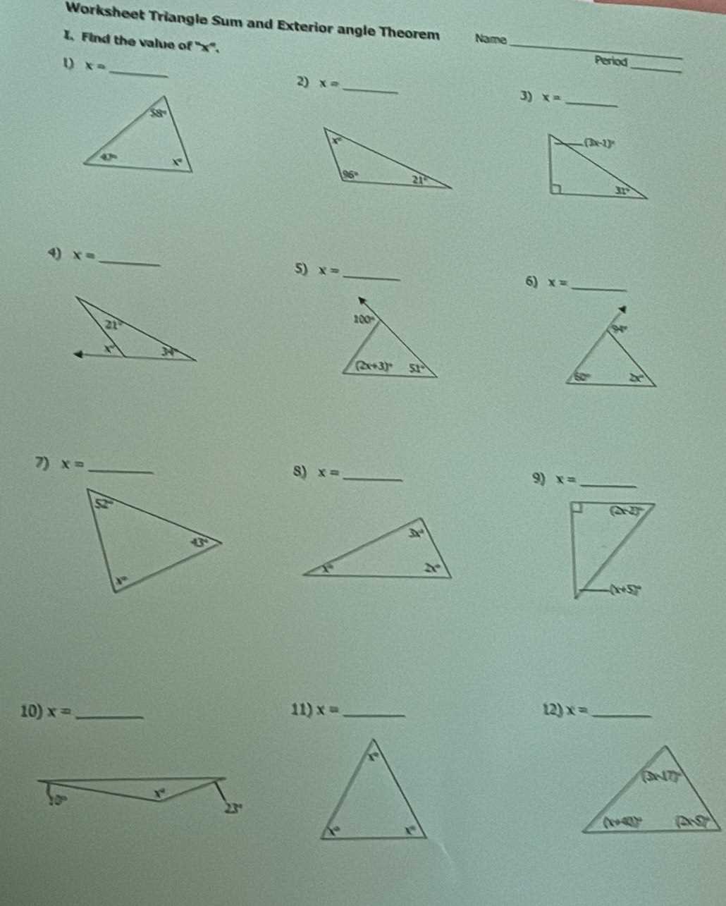 triangle exterior angle theorem worksheet