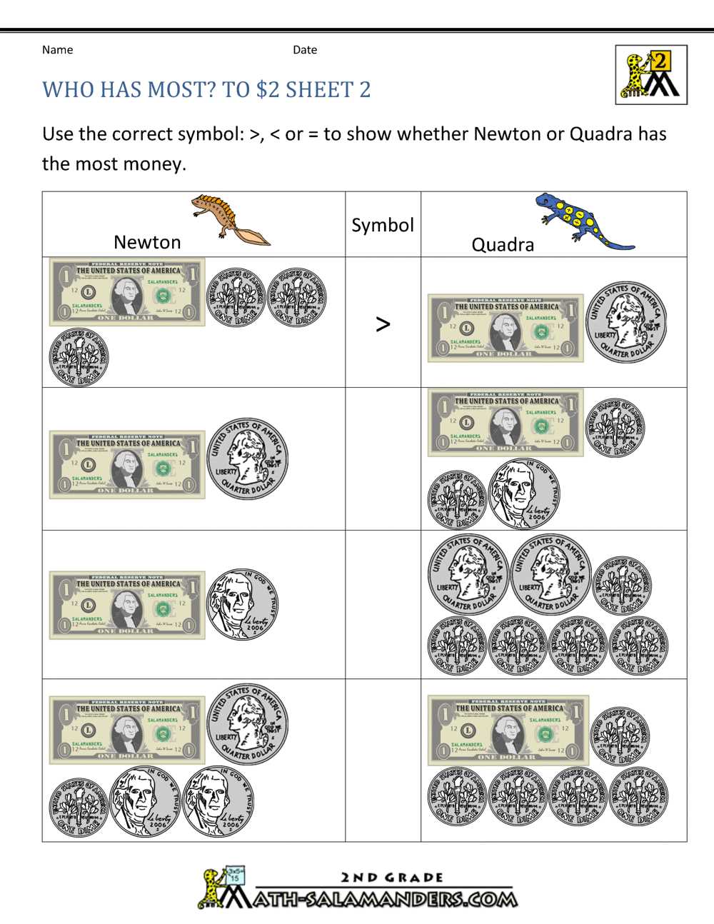 second grade money worksheets