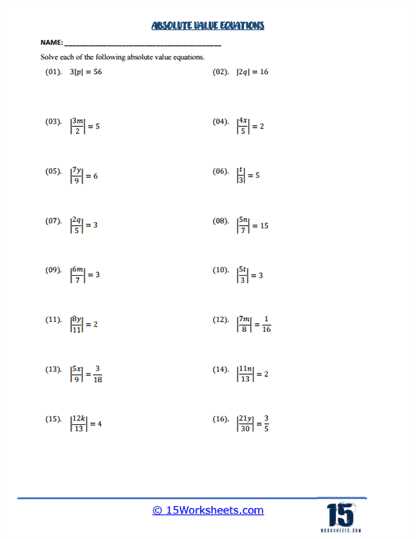 solving equations with absolute value worksheet