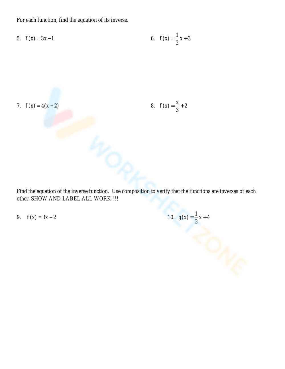 composition of inverse functions worksheet