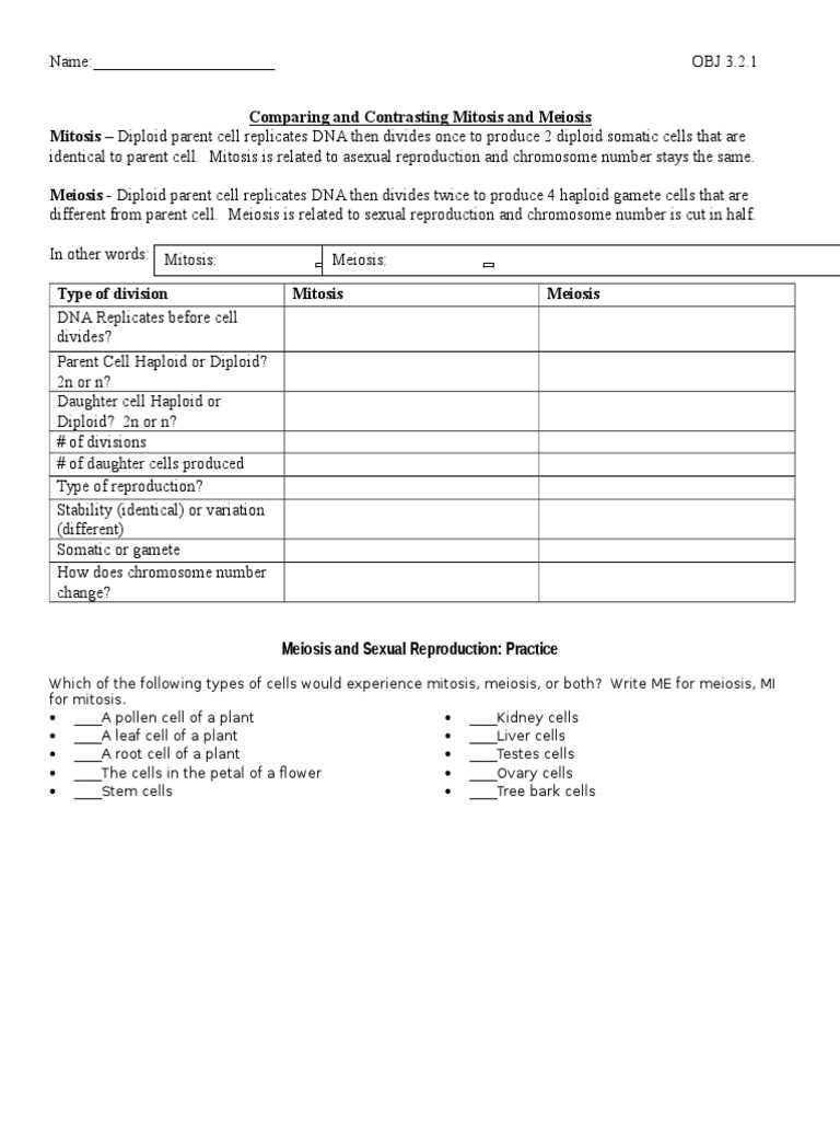 comparing mitosis and meiosis worksheet