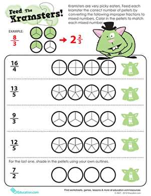 turning improper fractions to mixed numbers worksheet