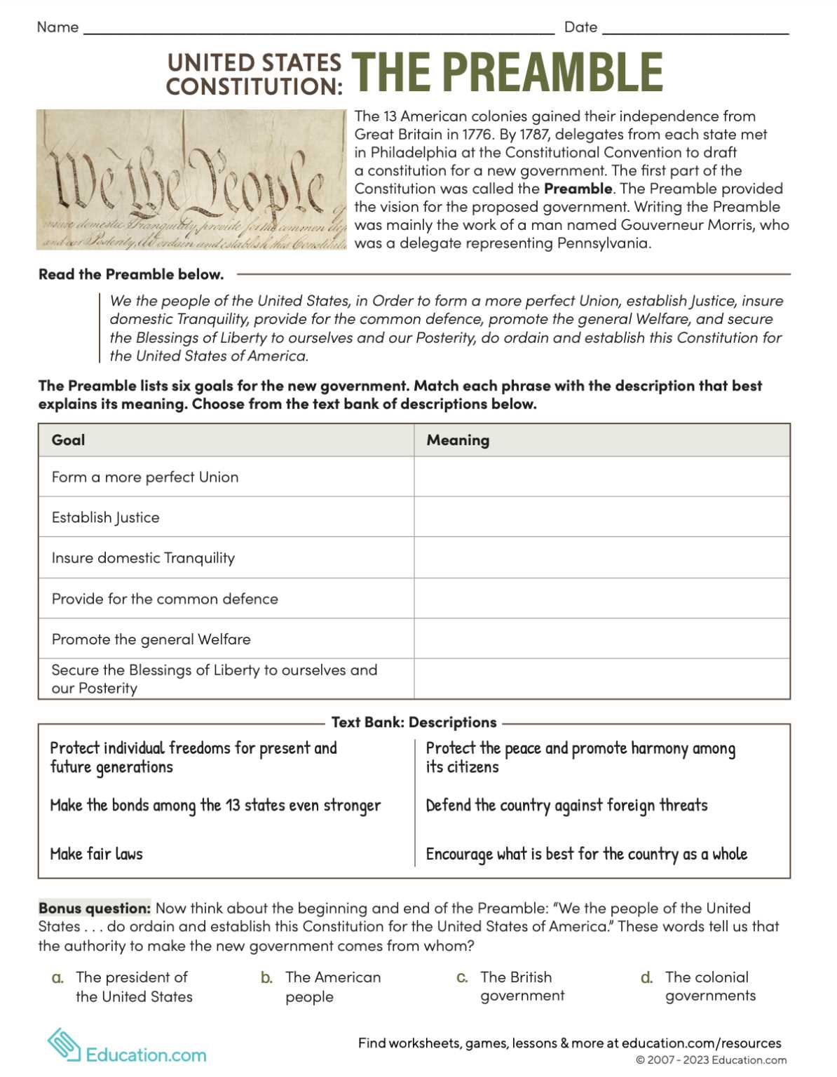 constitution day reading comprehension worksheets
