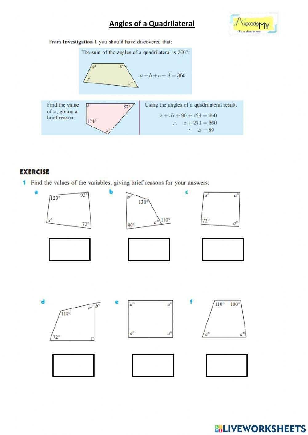 find the missing angle in quadrilateral worksheets