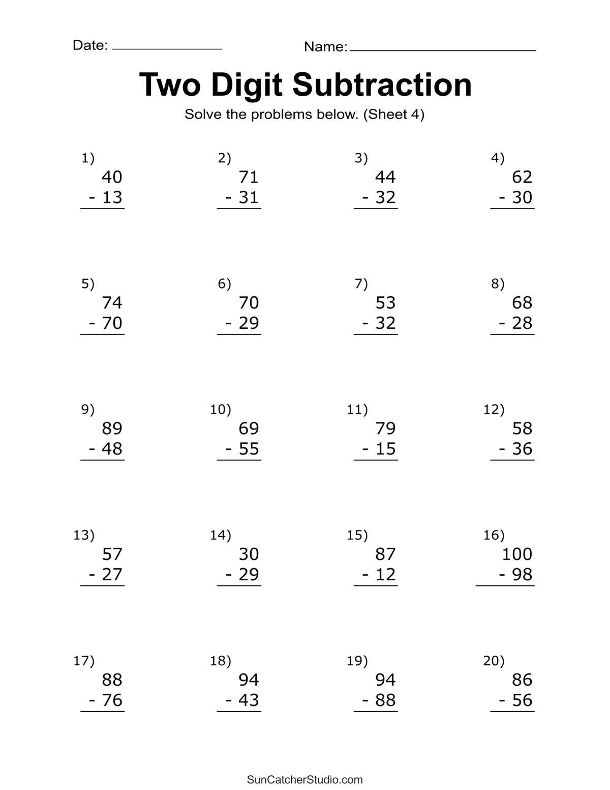 two digit subtraction worksheets