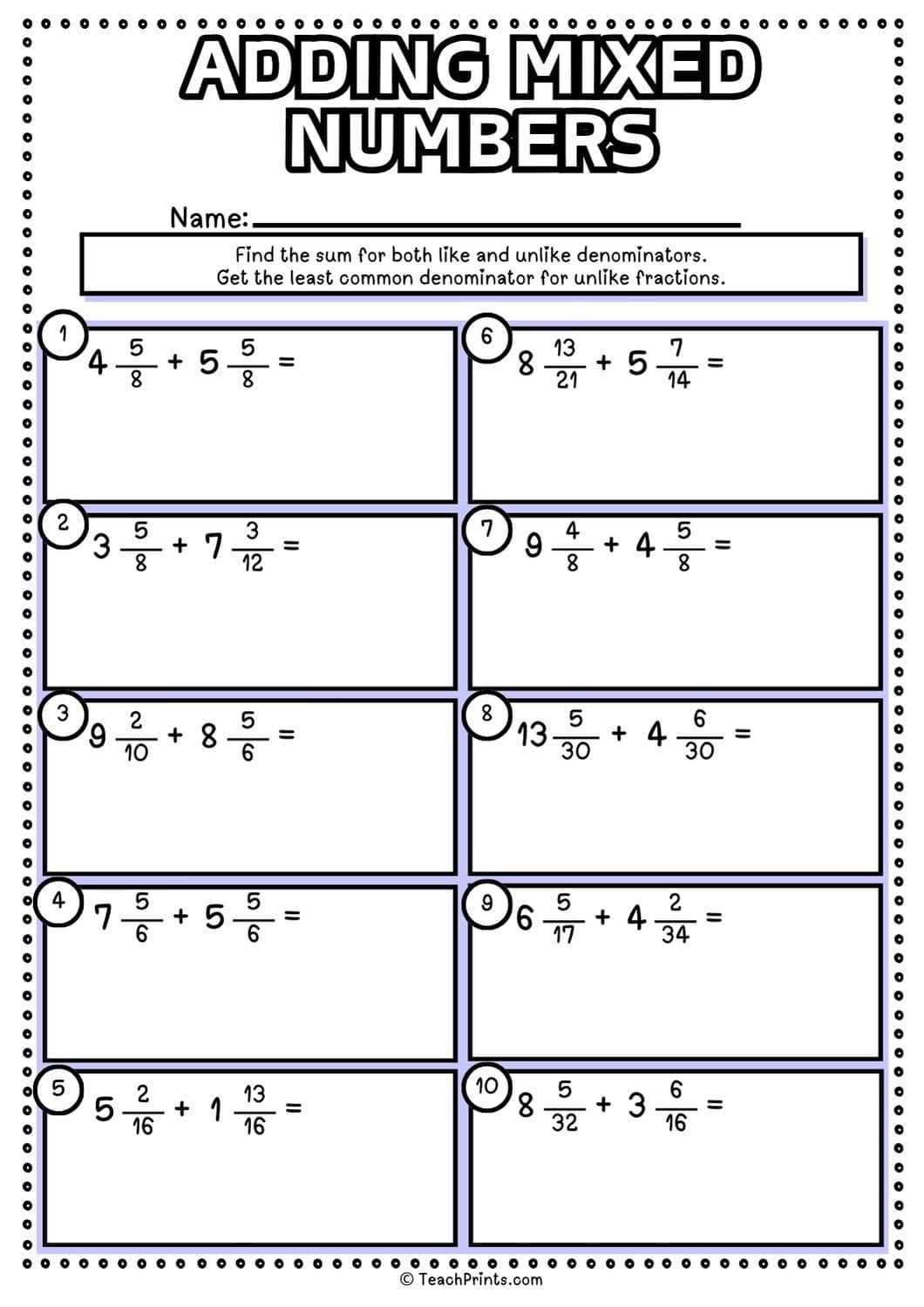 adding mixed number worksheet