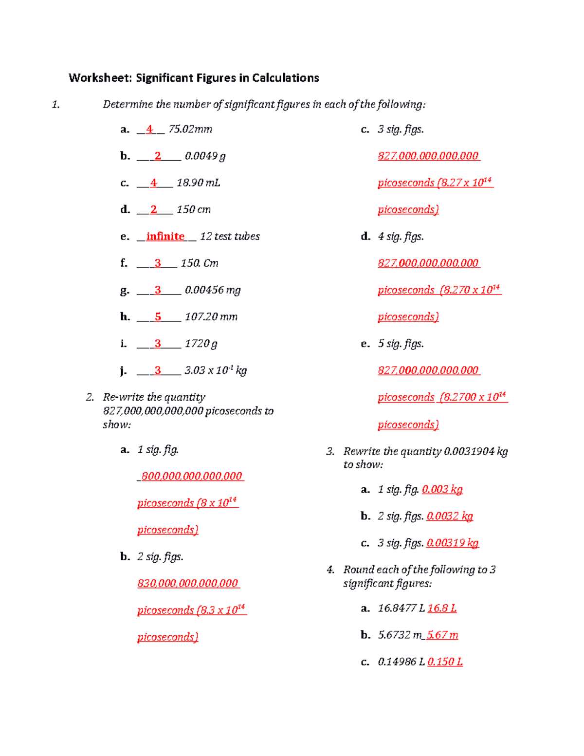 significant figures calculations worksheet