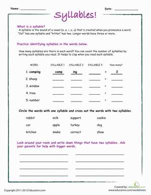 types of syllables worksheet