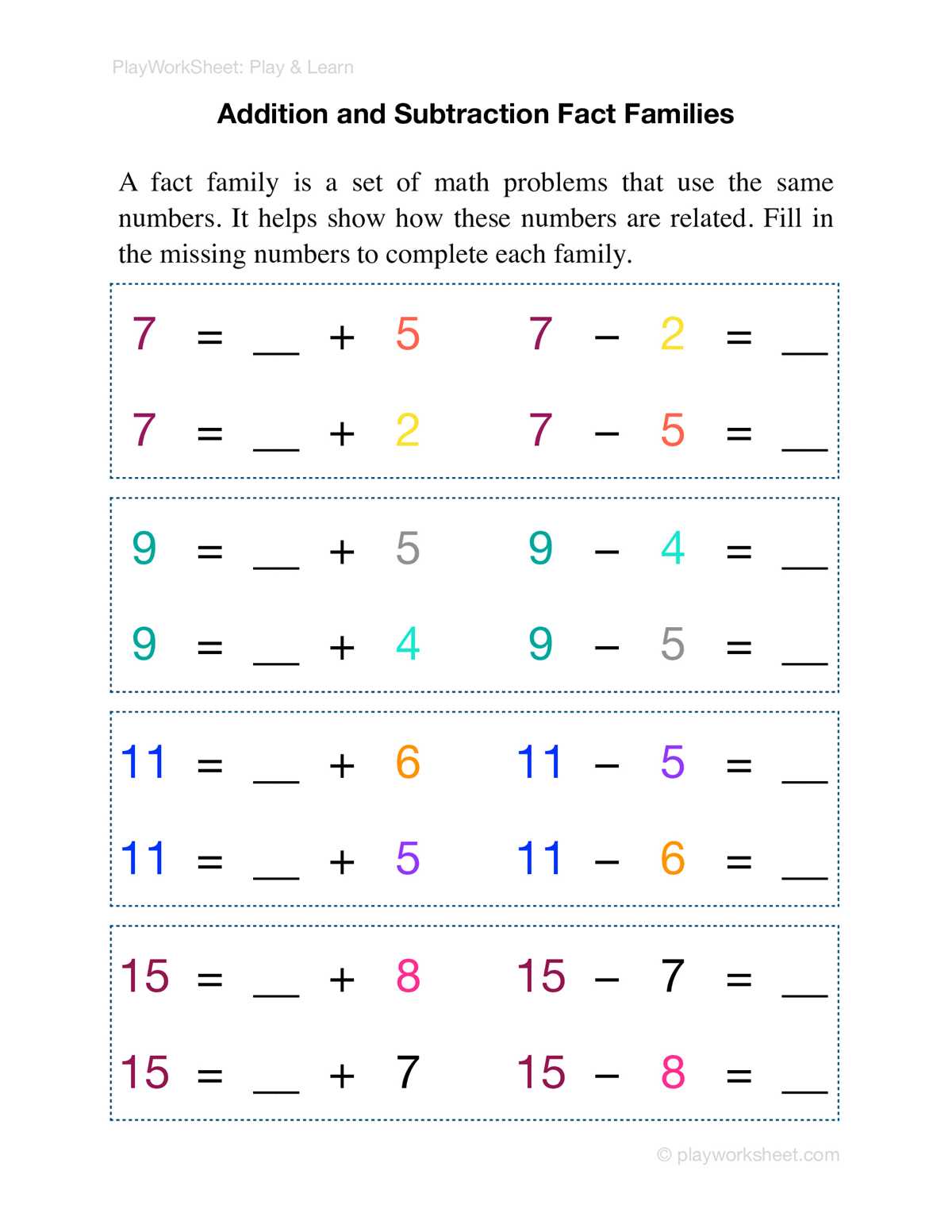 addition subtraction math facts worksheets