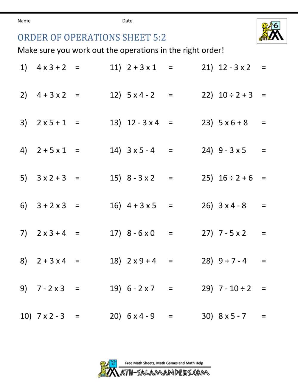 free pemdas worksheets