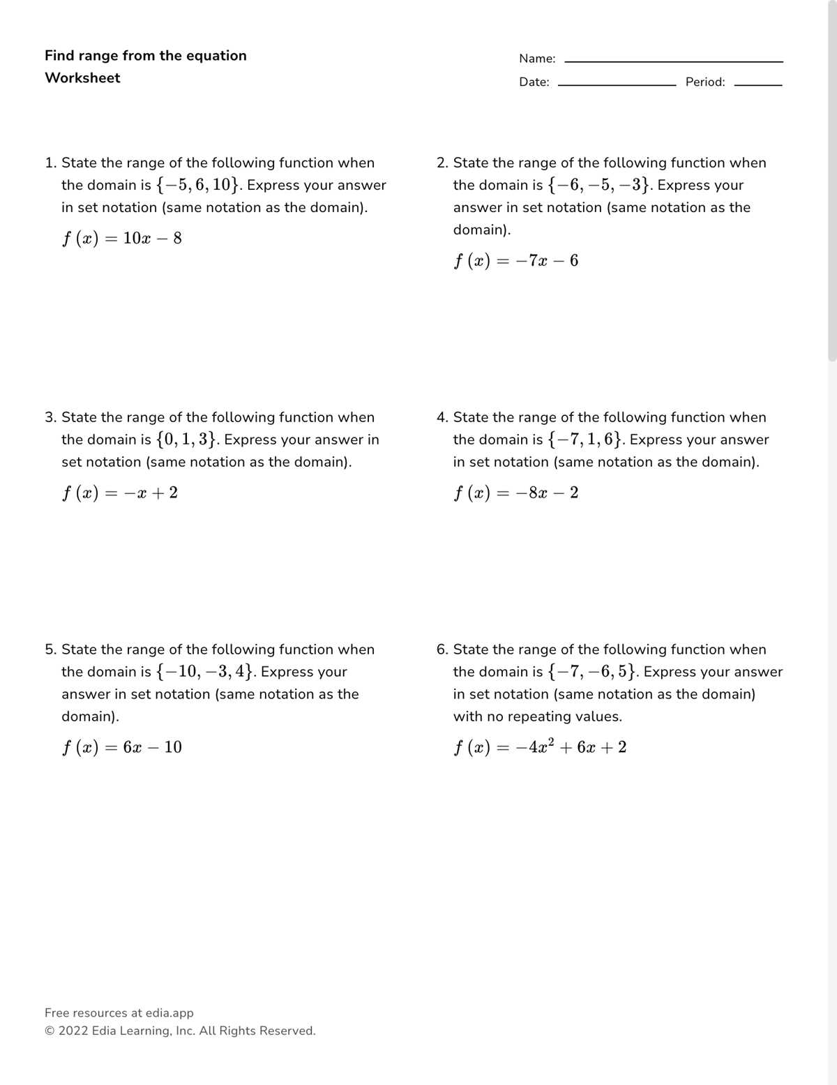 domain and range word problems worksheet