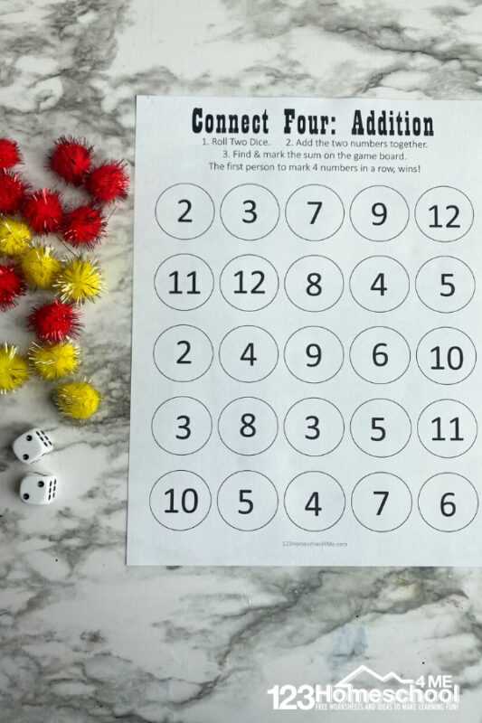 connect four addition worksheet