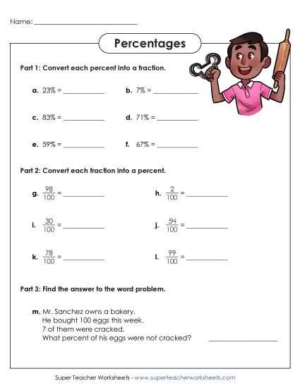 convert percent to fraction worksheet