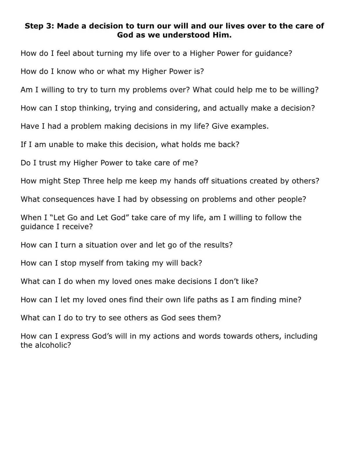 12 steps of al anon worksheets