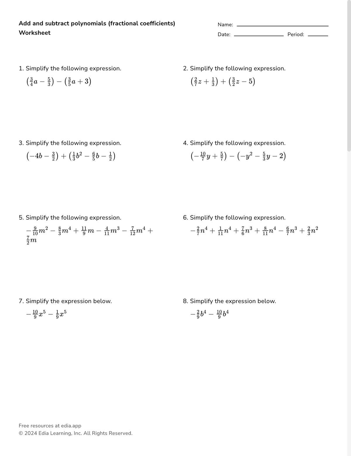 adding polynomials worksheet doc