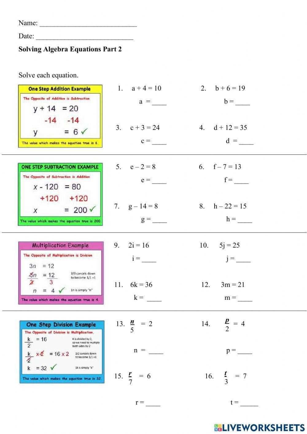 solving equations one step worksheet