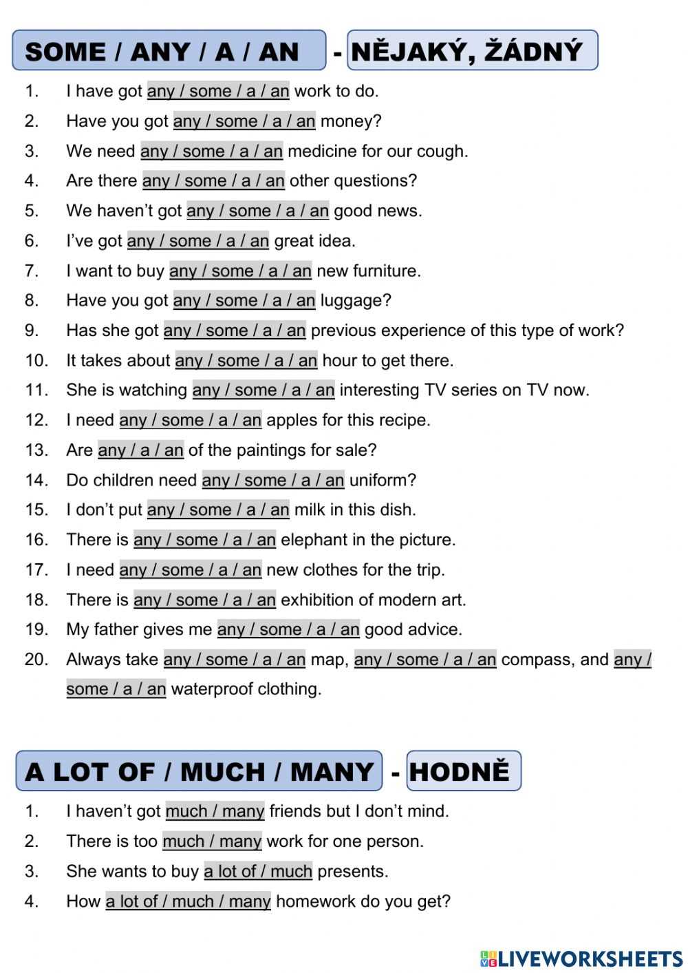 a few and a little worksheet