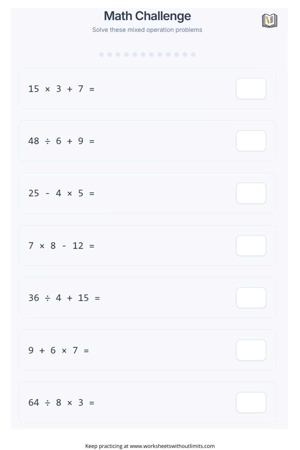 worksheet on order of operations