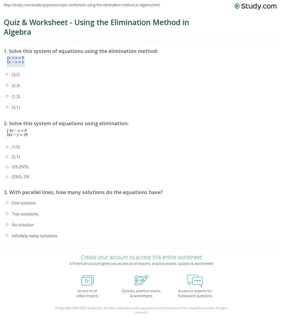 elimination method worksheet