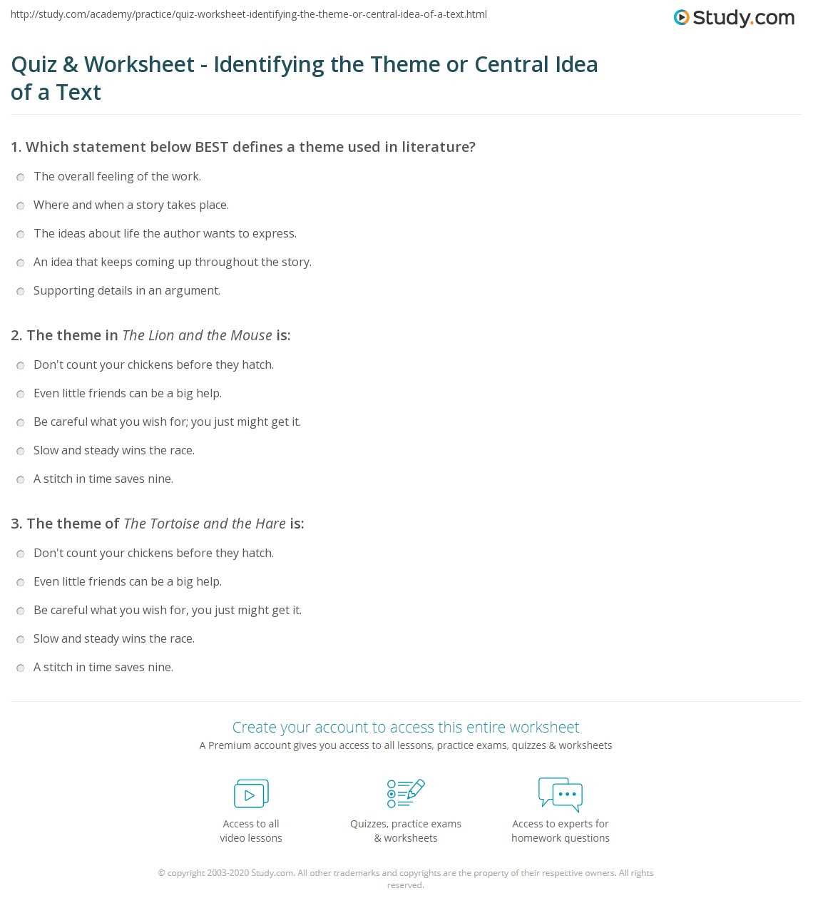 determining the theme of a story worksheets