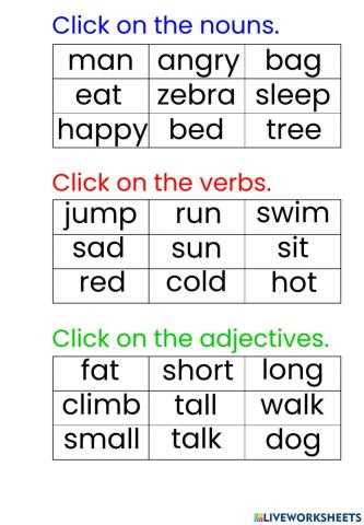 verbs nouns adjectives worksheet