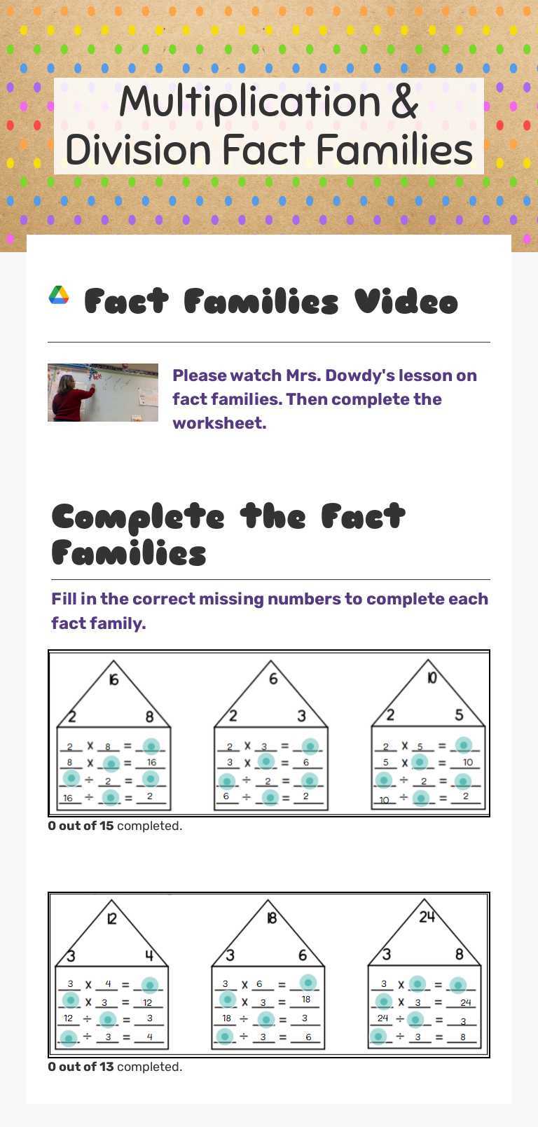 multiplication and division fact family worksheets