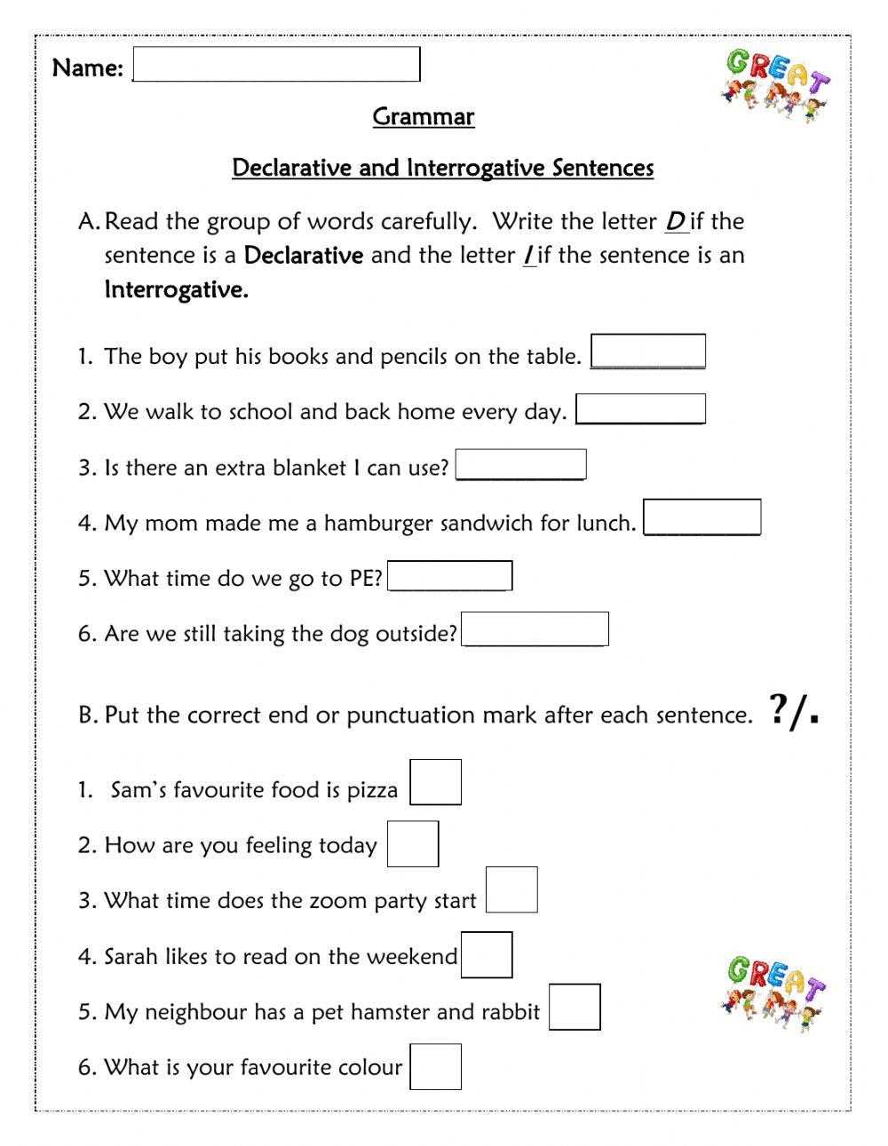 declarative interrogative sentences worksheets