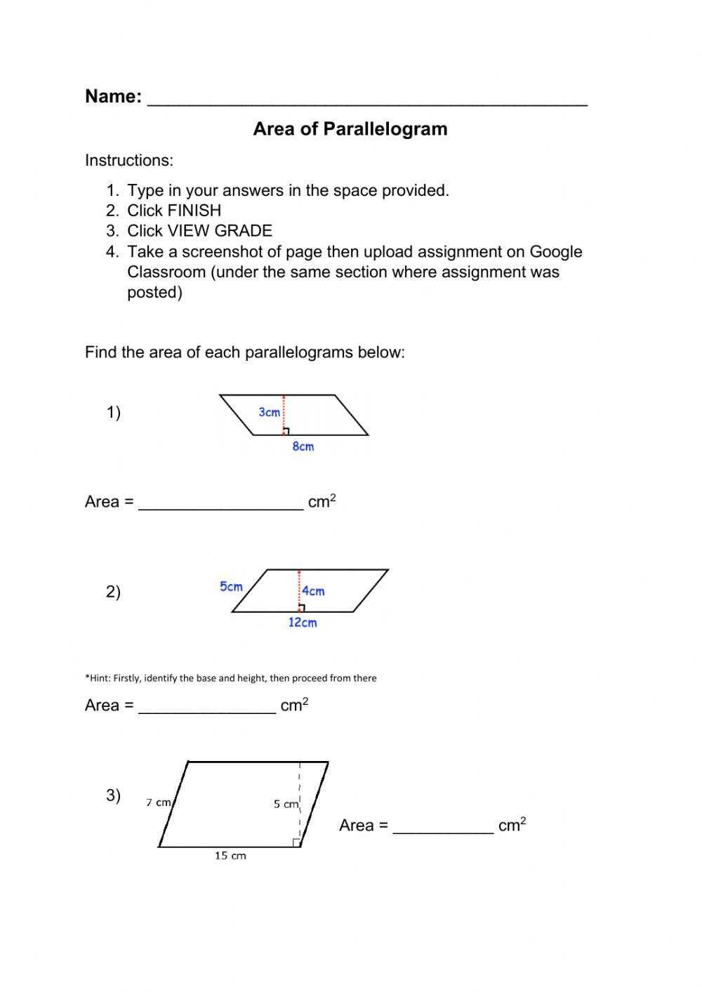 6th grade area of parallelogram worksheet