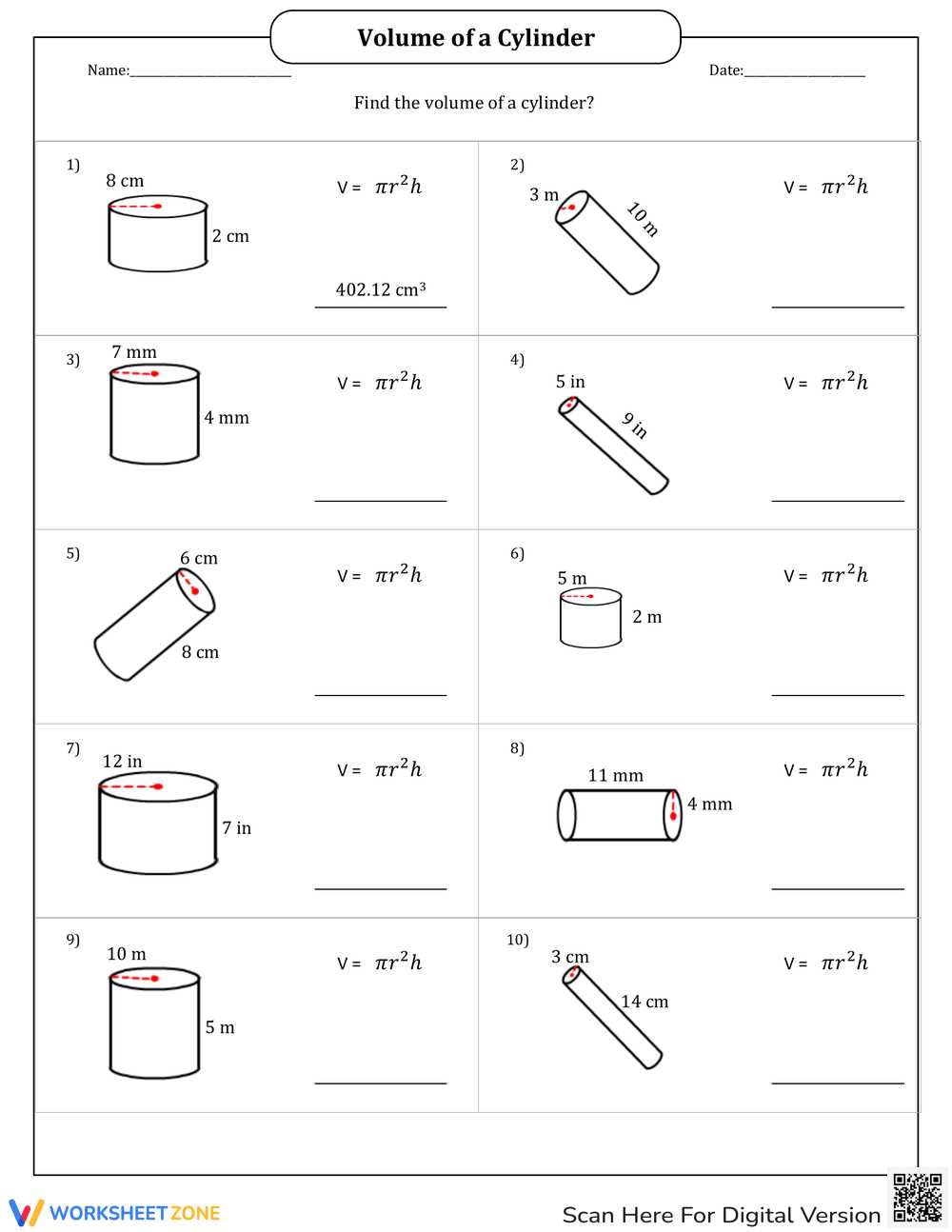 volume of cylinder worksheets