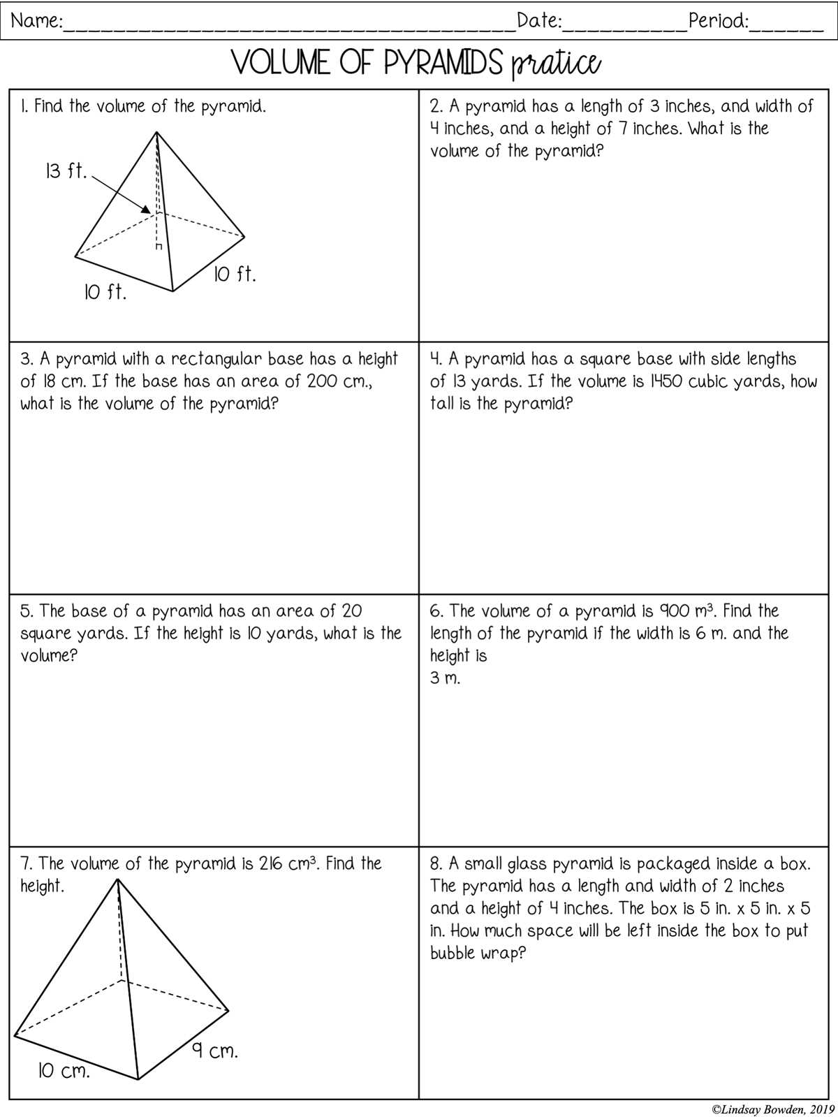 volume of pyramid word problems worksheet