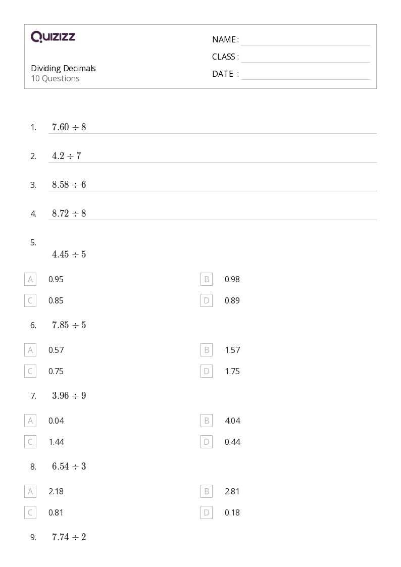 division with decimals worksheet