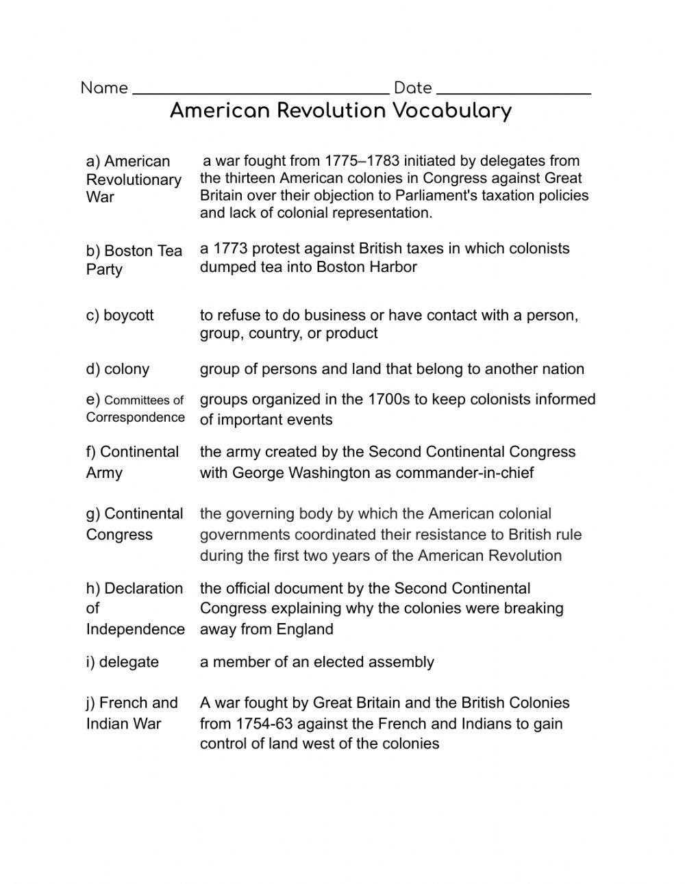 american revolution printable worksheets
