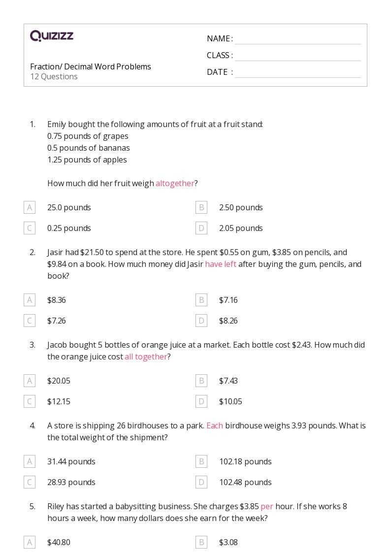 decimal word problem worksheets