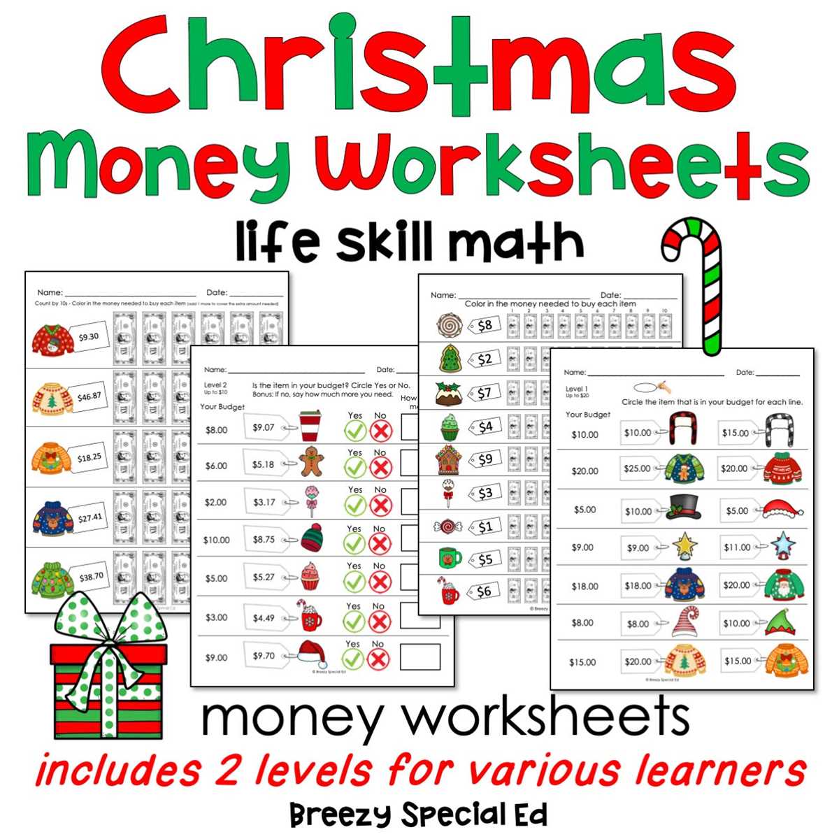 christmas money math worksheets