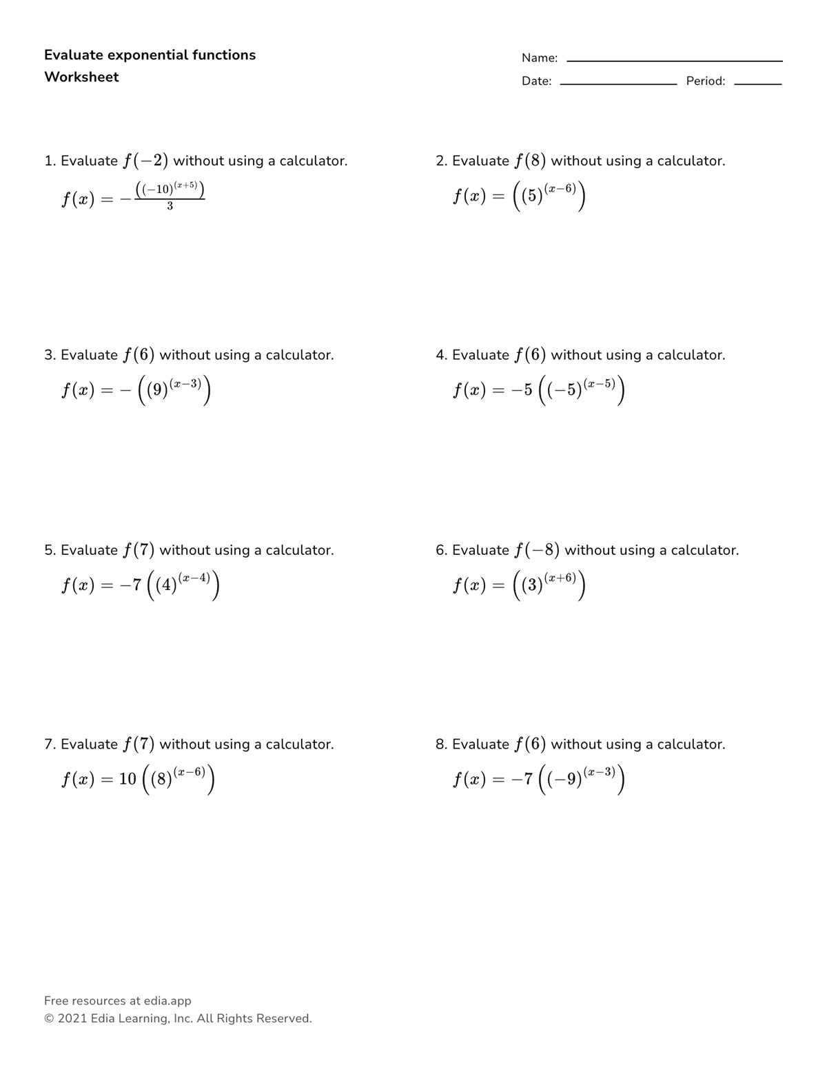 evaluate exponential functions worksheet