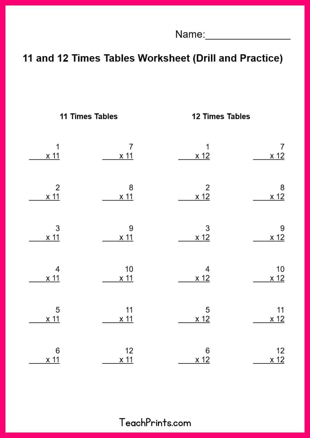 twelve times table worksheet
