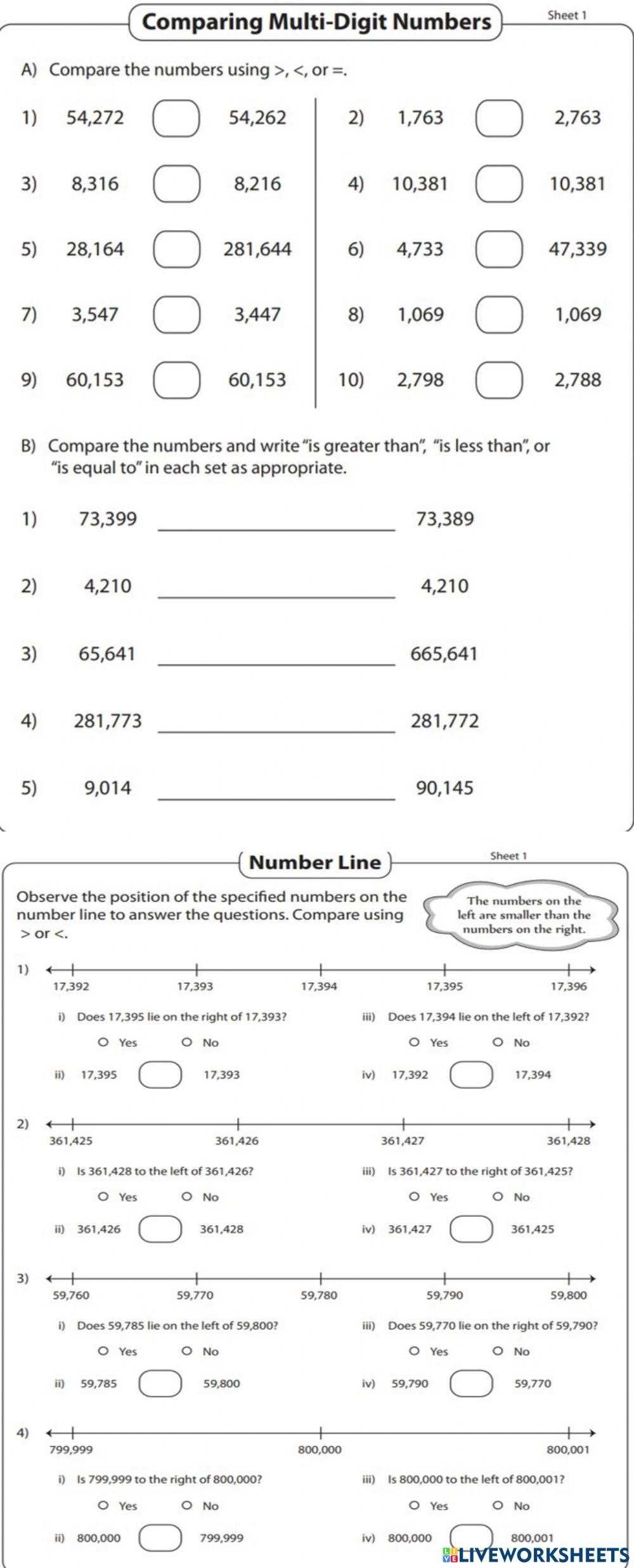 comparing 4 digit numbers worksheet