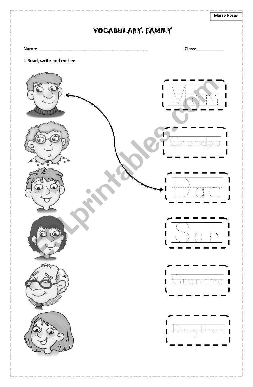 family members vocabulary matching worksheet