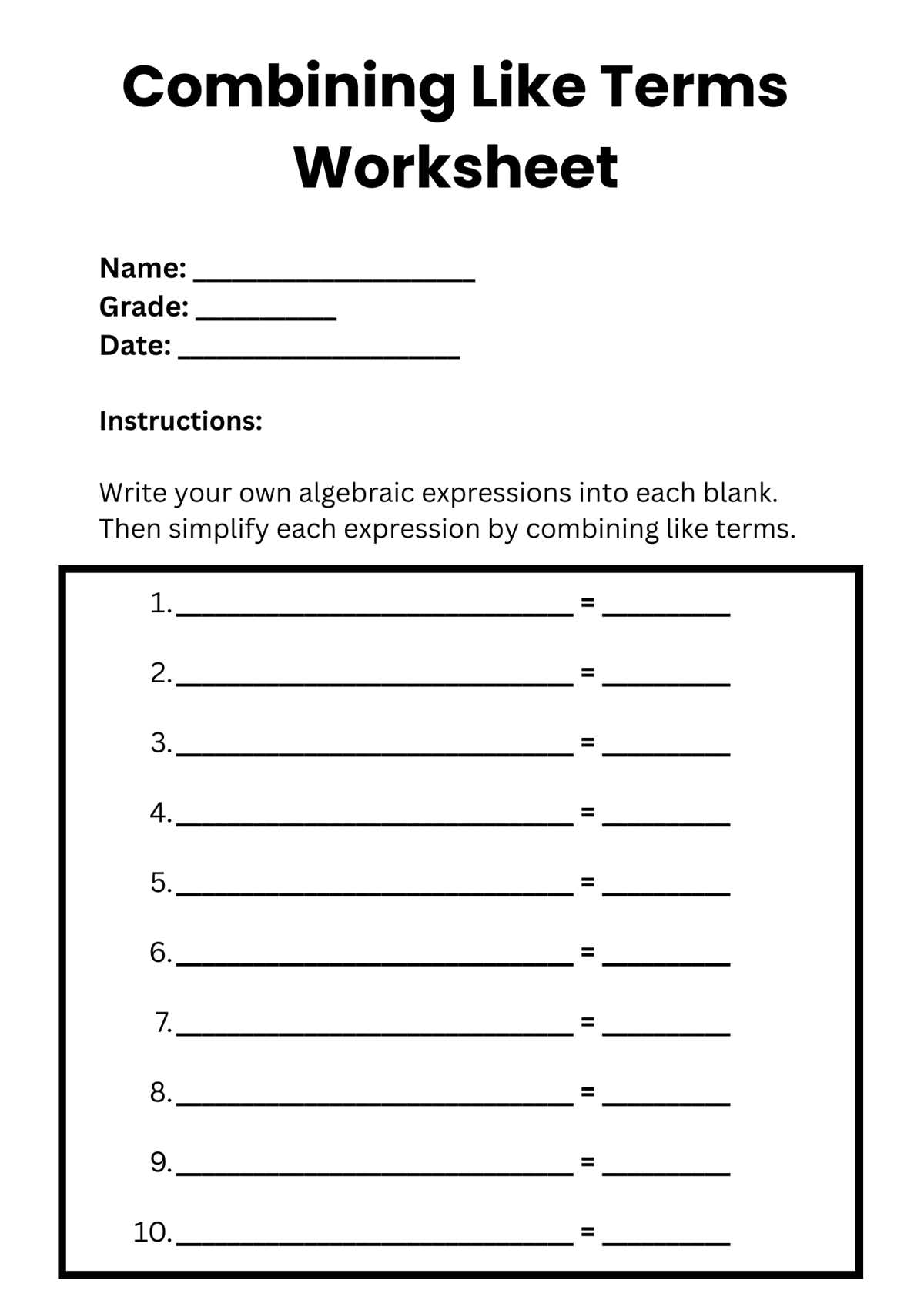 6th grade combining like terms worksheet 6th grade combining like terms worksheet