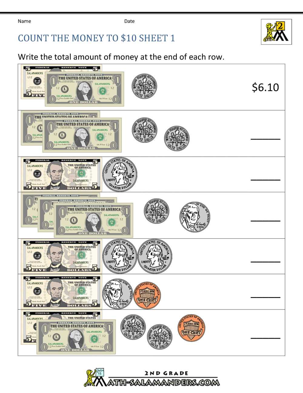 count the money worksheet for class 1
