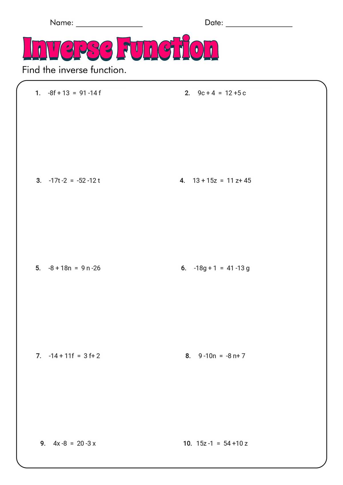 find the inverse worksheet