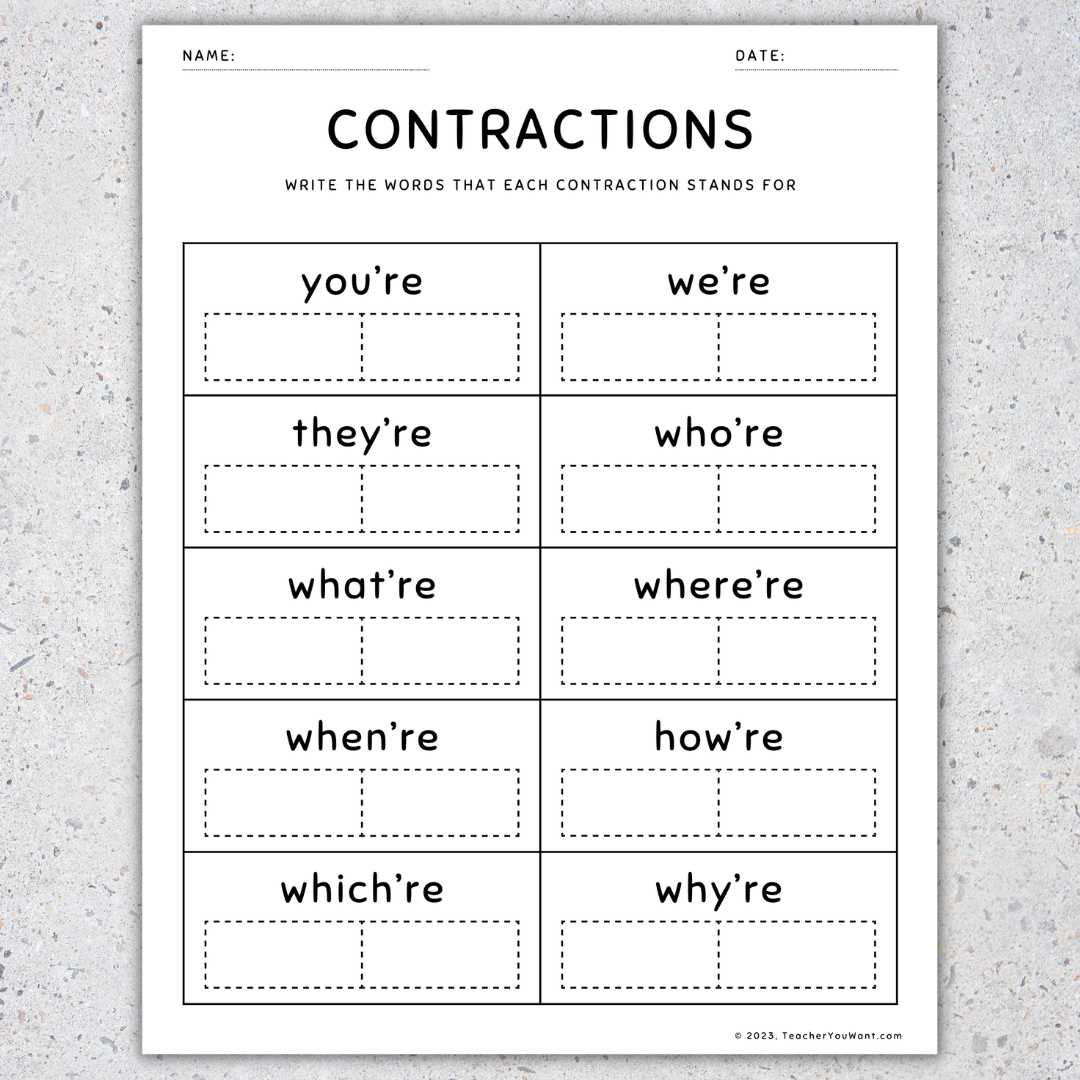 1st grade contractions worksheet