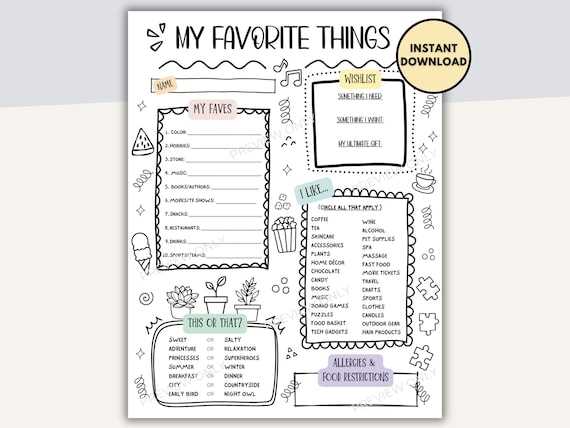 my favorite things worksheet for adults