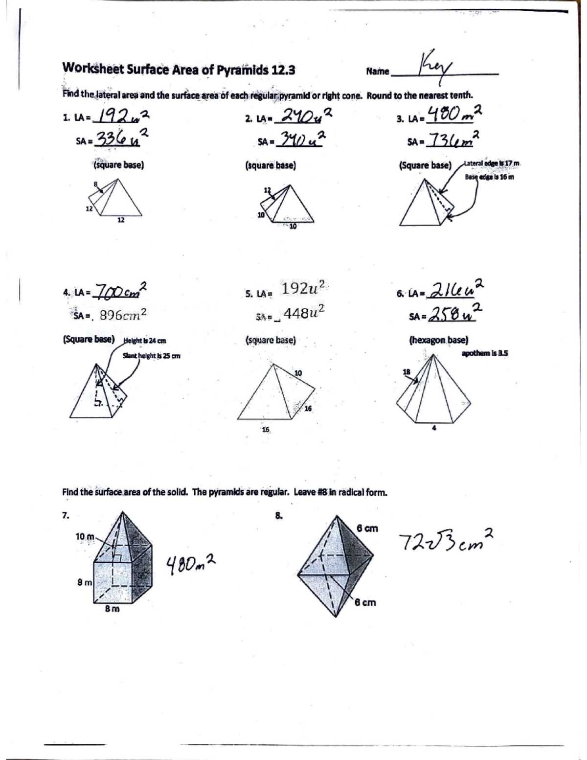 surface area of pyramids and cones worksheet