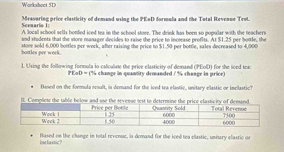 analyzing elasticity of demand worksheet