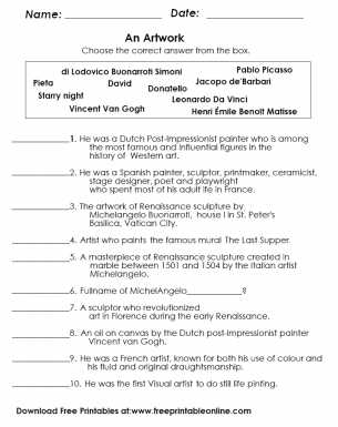 art worksheets middle school