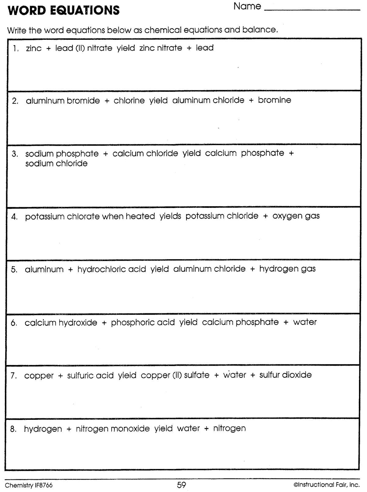 word equation to chemical equations worksheet